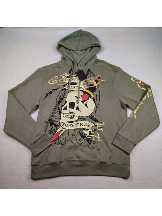 Ed Hardy Other - NEW Ed Hardy Death Before Dishonor Hoodie Mens M Olive Green Tattoo Skull